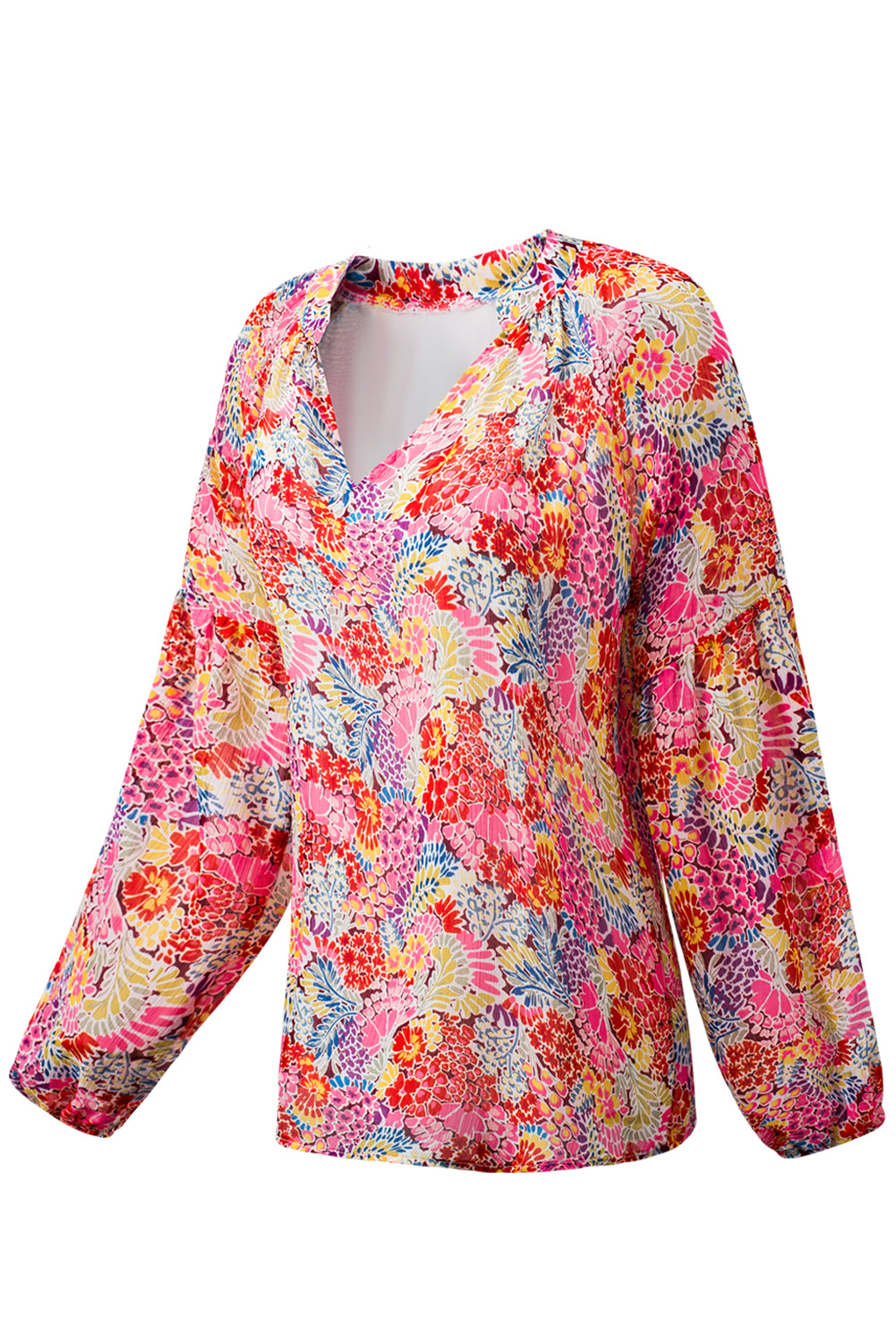 Fiery Red White Floral Print V Neck Long Puff Sleeve Top