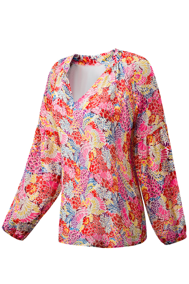 Fiery Red White Floral Print V Neck Long Puff Sleeve Top