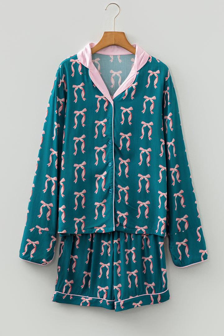 Green Ribbon Bow Print Silky Long Sleeve Shirt and Shorts 2pcs Pajama Set