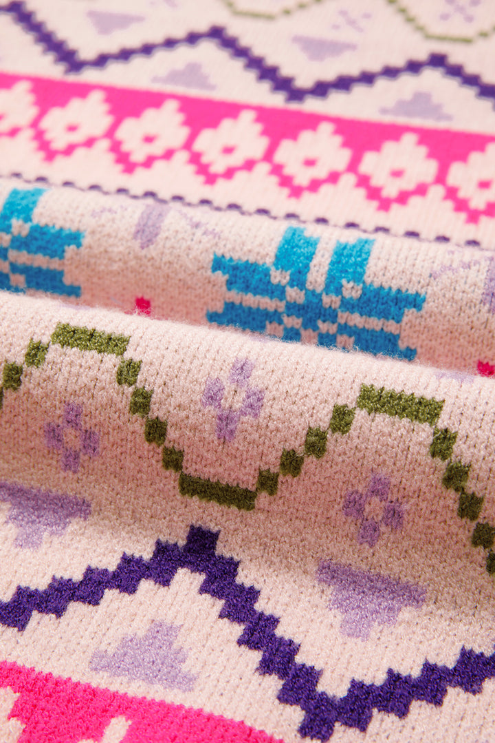 Ethnic Christmas Pattern Knit Feather Cuffed Sweater