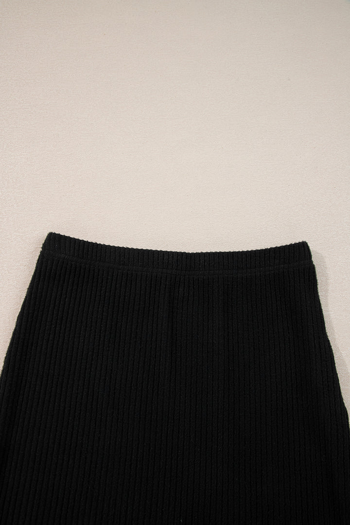 Black Ribbed Zip Stand Neck Pullover Bodycon Skirt 2pcs Set