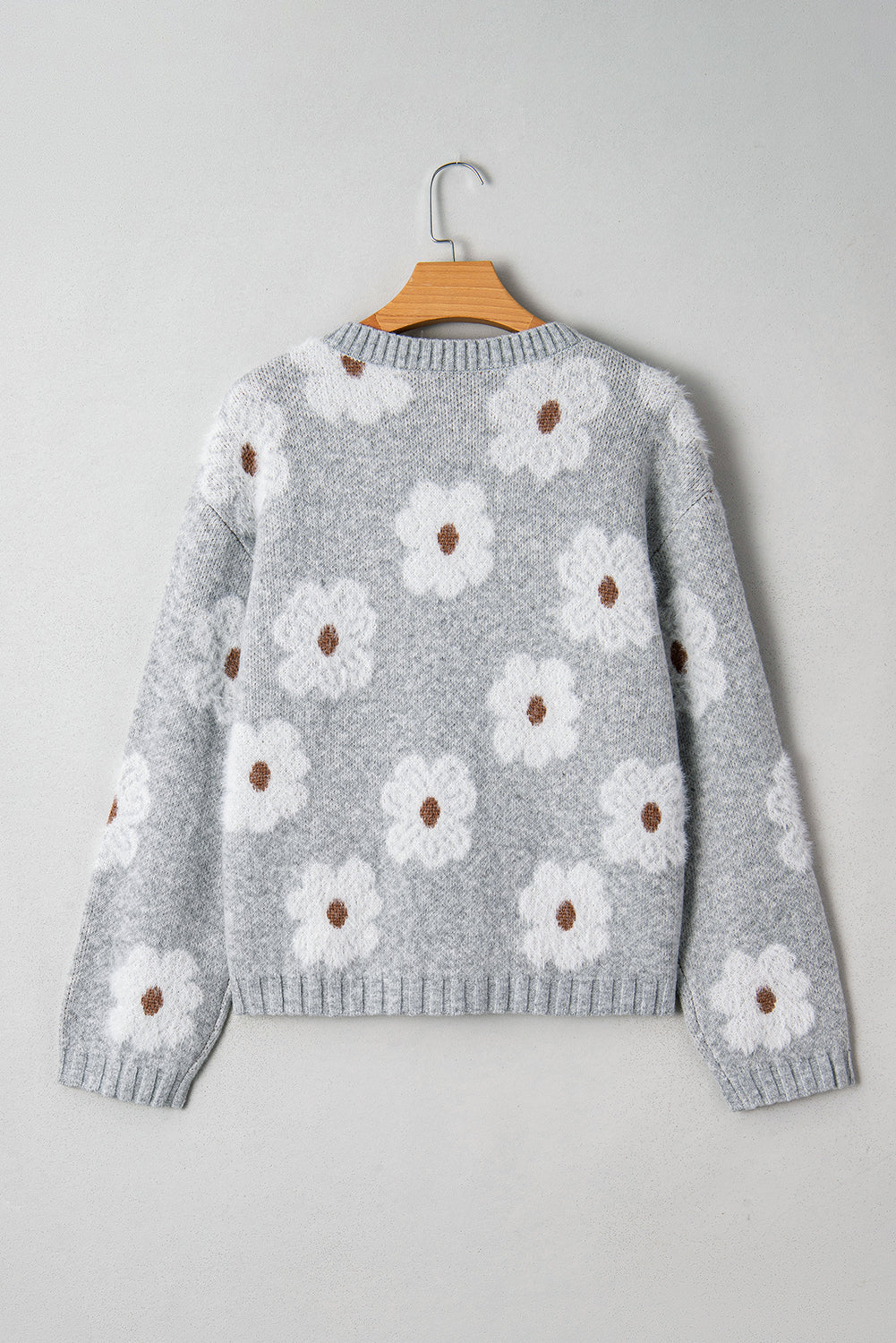 Cute Flower Print V Neck Drop Shoulder Baggy Sweater