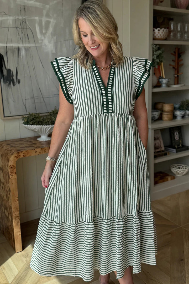 Double Ruffled Short Sleeve Contrast Trim V Neck Midi Dress