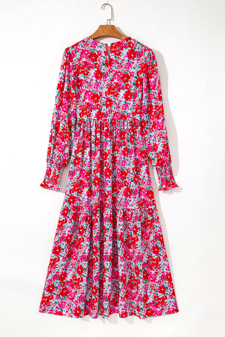 Floral Print Smocked Lantern Sleeve Tiered Maxi Dress