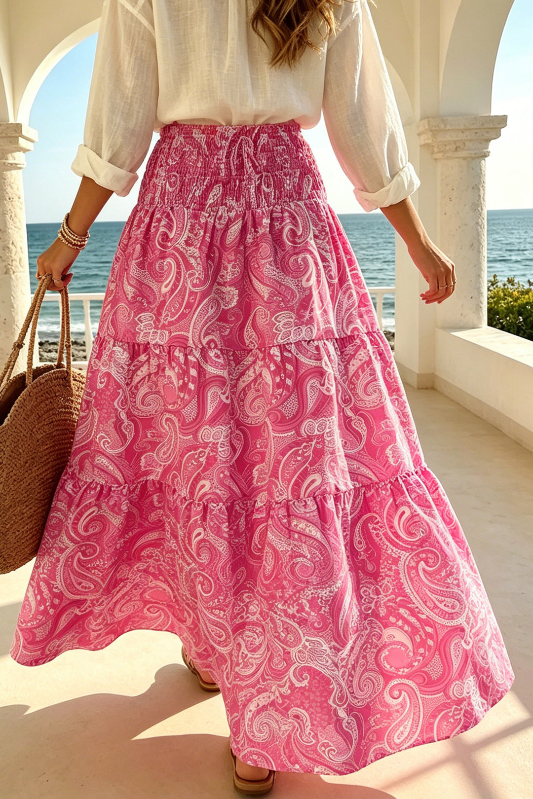 Sachet Pink Boho Vintage Paisley Print Tiered Long Skirt