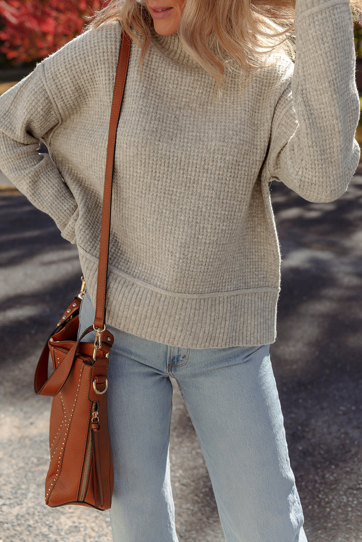Waffle Texture Knit Ribbed High Neck Drop Shoulder Sweater