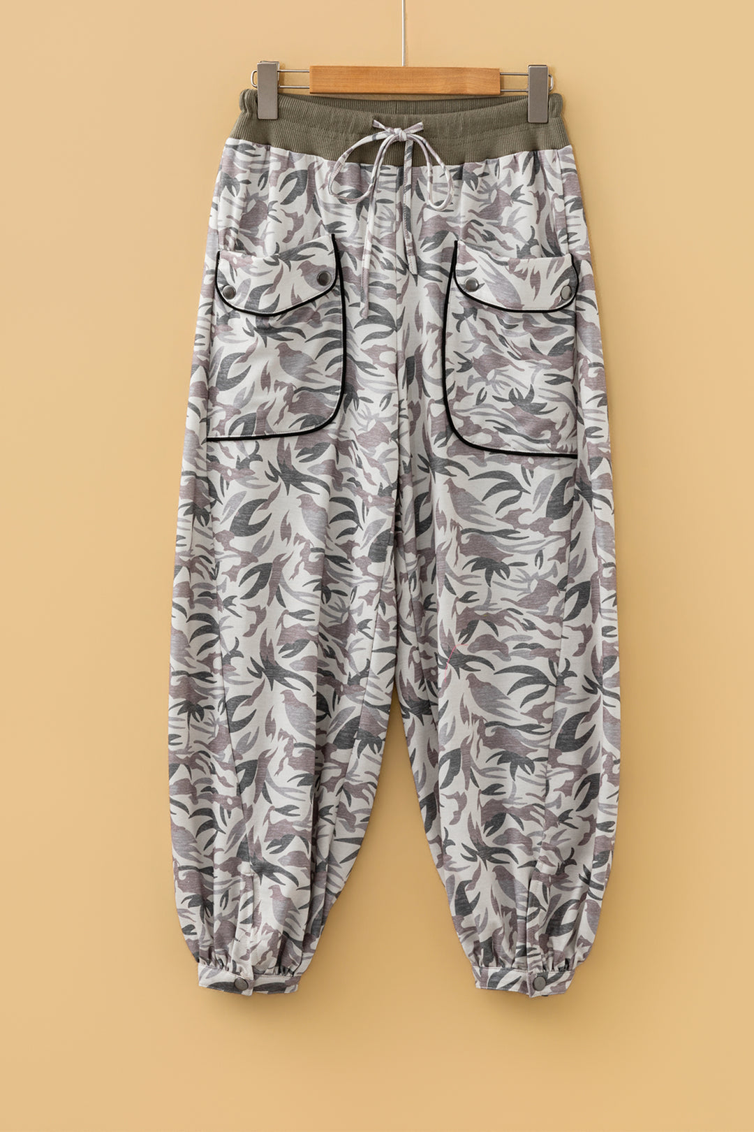 Khaki Drawstring Contrast Waistband Camouflage Joggers Pants