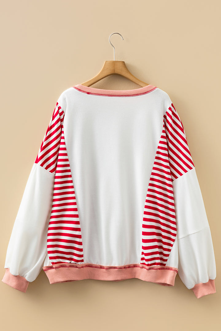 Red Stripe Color Block Patchwork Seam Detail Plus Size Sweatshirt