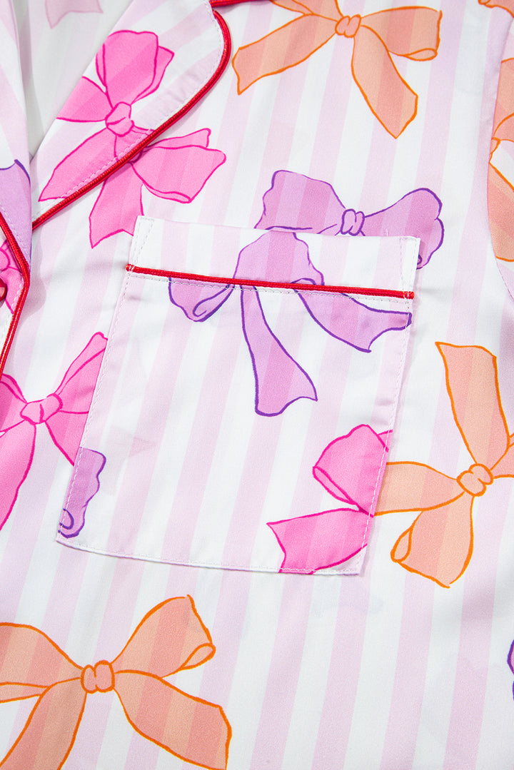 Pink Striped Bow Print Contrast Piping Trim Shirt and Pants 2pcs Pajama Set