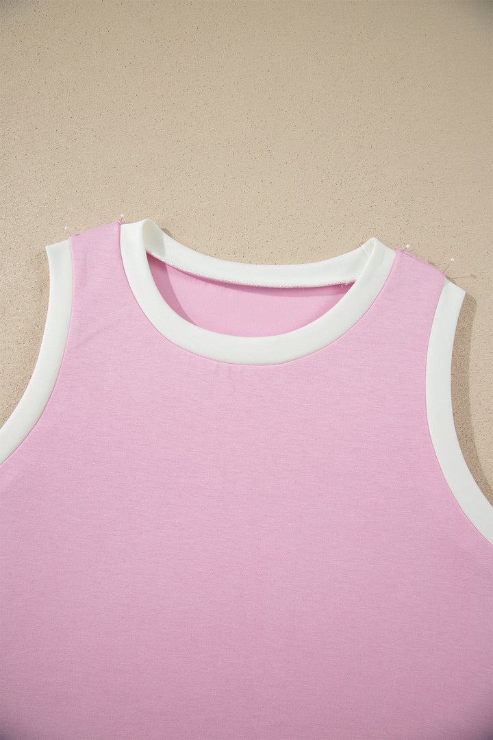 Pink Colorblock Trim Cropped Tank Elastic Waist Shift Pants 2pcs Set