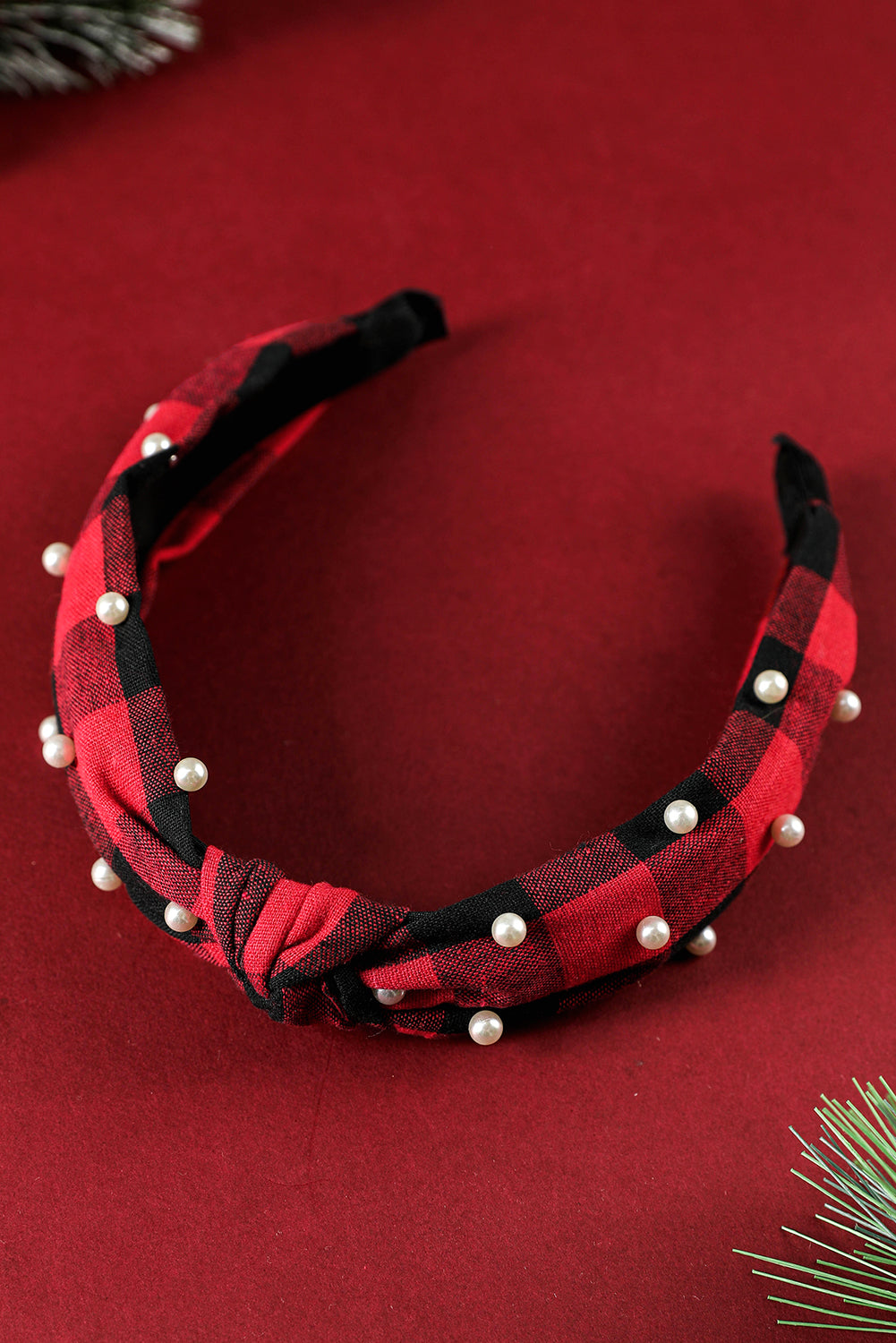 Bandeau noué à carreaux de Noël avec décoration en perles