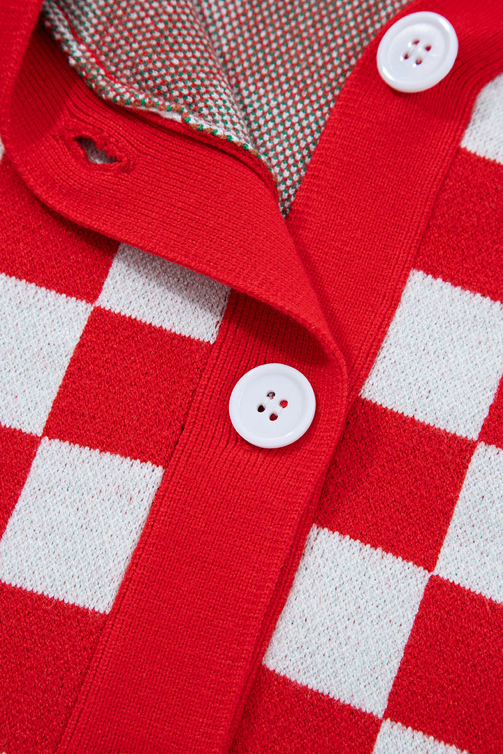 Red Checkered Christmas Tree Pattern Button V Neck Cardigan Sweater