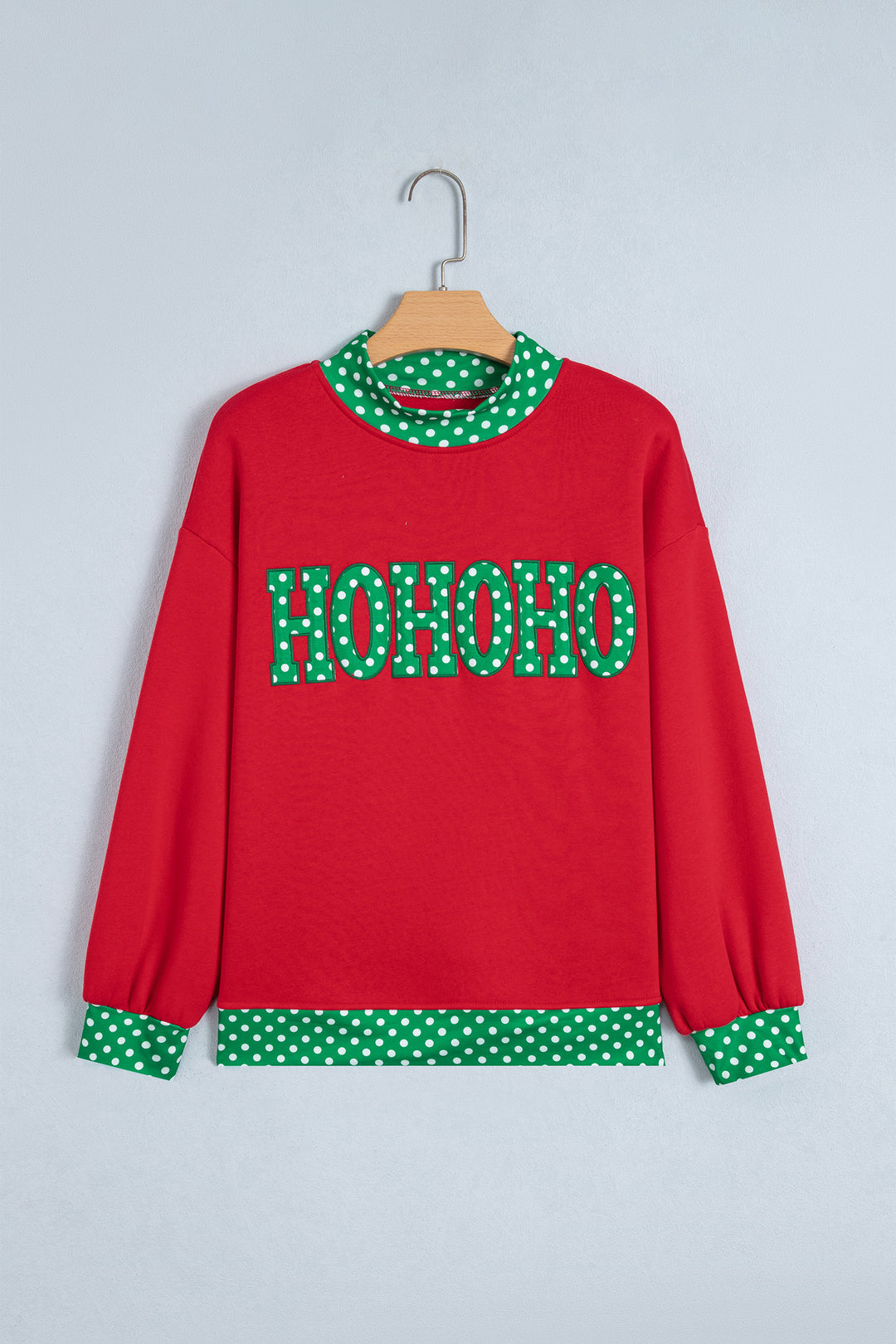 Fiery Red Polka Dot Letter Print Contrast Trim Mock Neck Sweatshirt