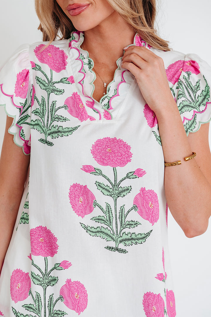 Wild Flower Print Contrast Trim Scallop Detail Short Sleeve Blouse