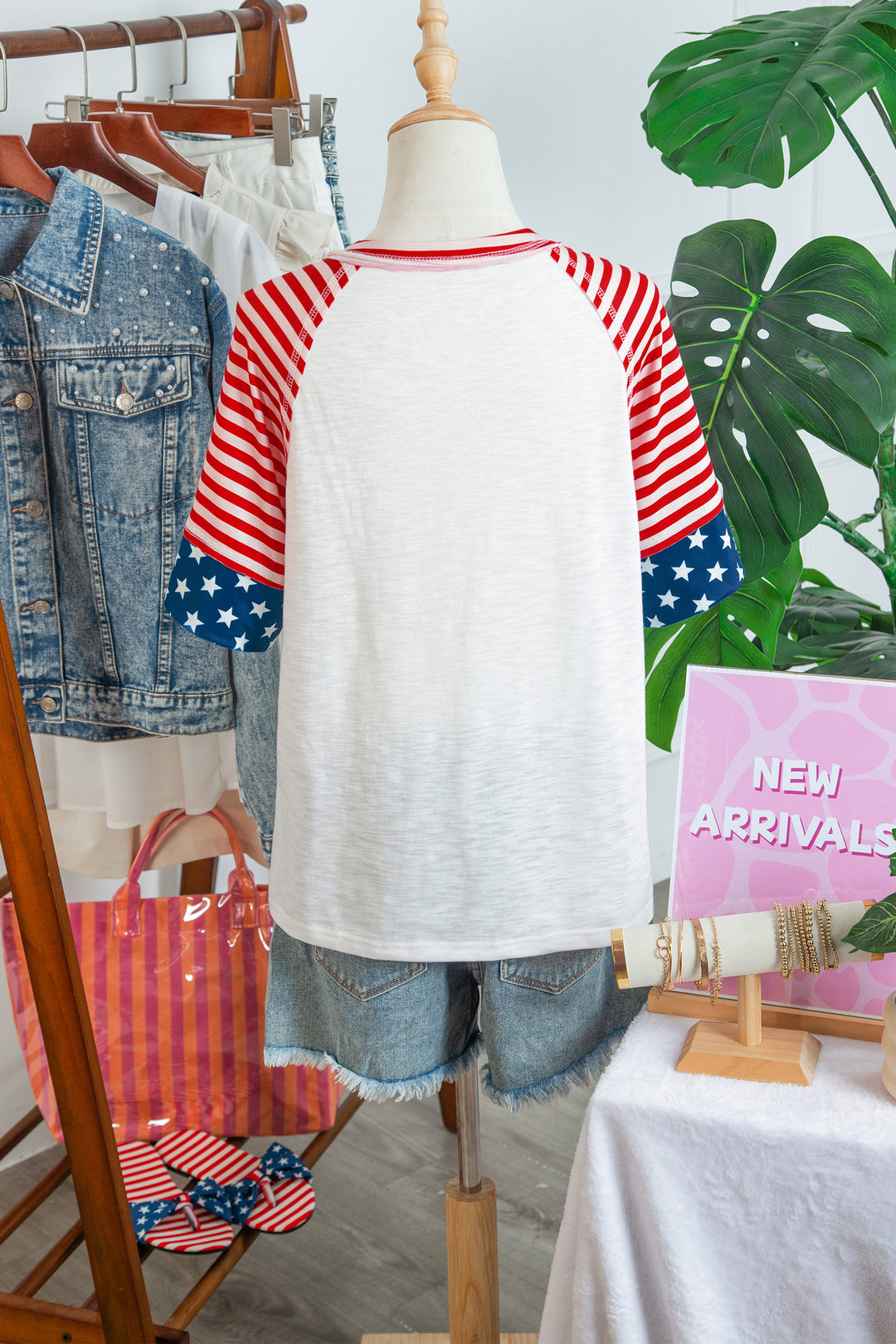 Fiery Red Star Detail Flag Inspired Short Sleeve Top