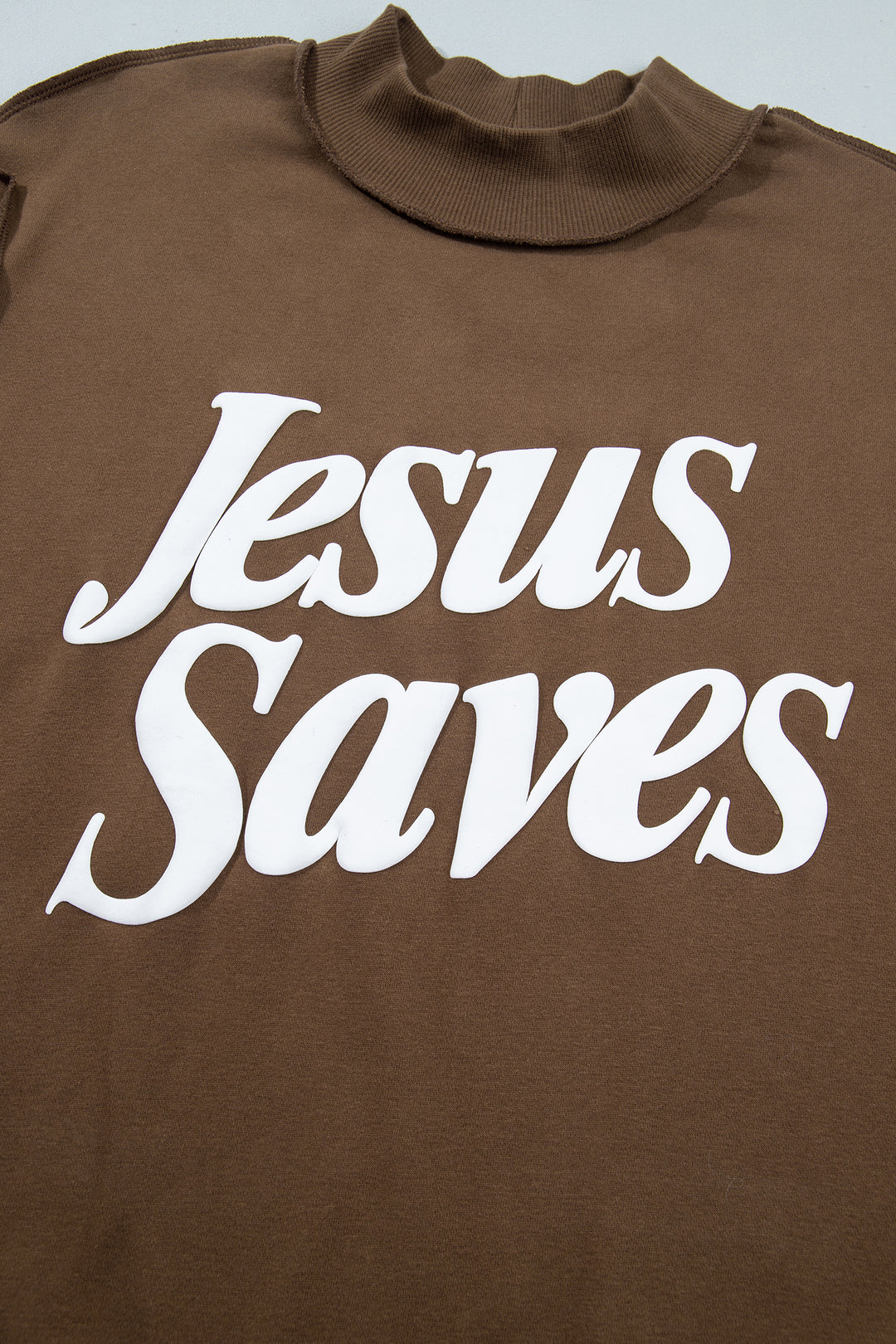 Dark Brown Jesus Saves Slogan Print Stand Neck Baggy Sweatshirt