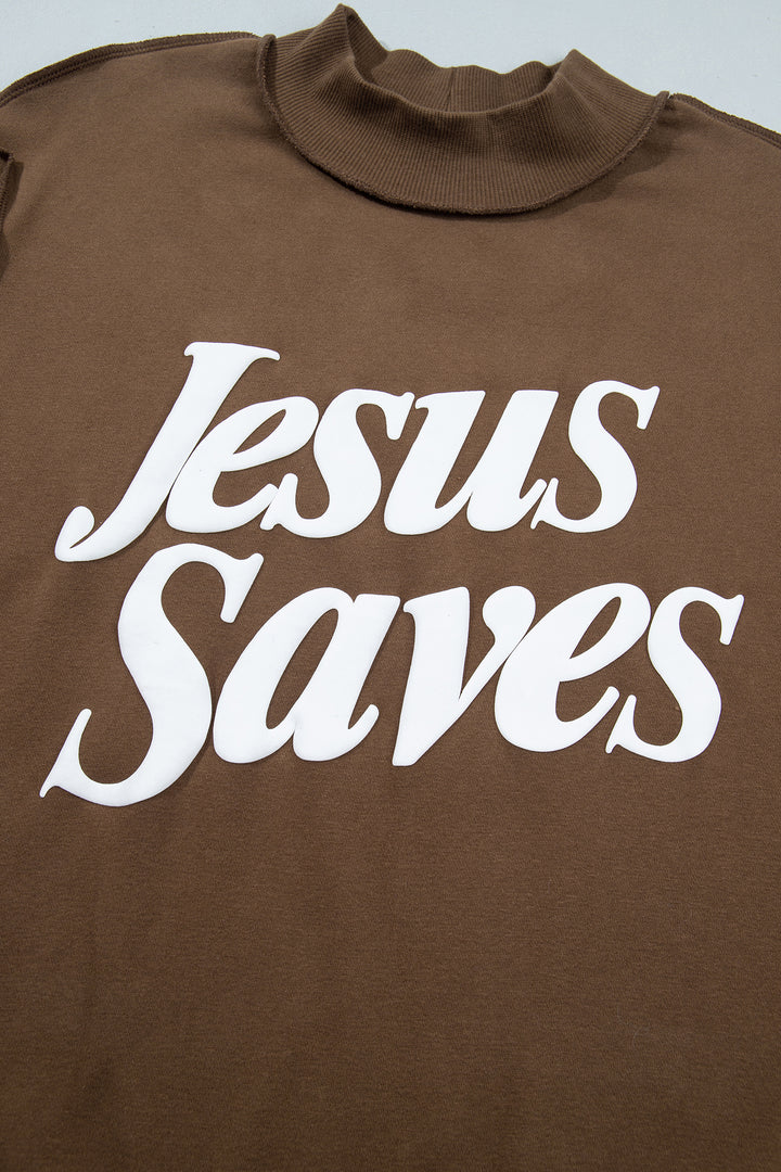 Dark Brown Jesus Saves Slogan Print Stand Neck Baggy Sweatshirt