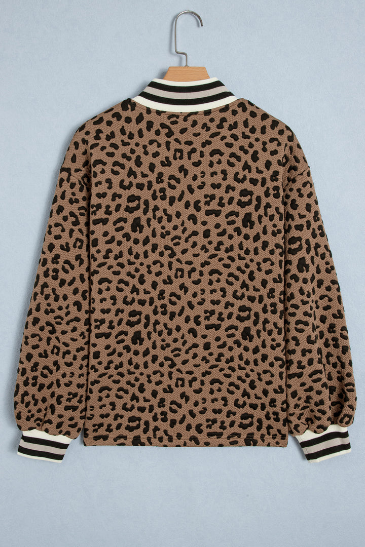 Brown Leopard Print Striped Trim Collar Long Sleeve Shift Pullover