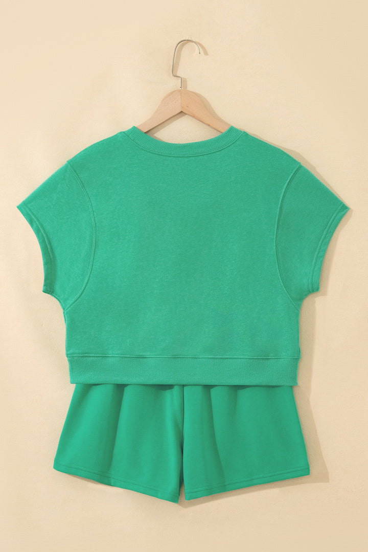 Sea Green Solid Color Loose Tee Drawstring Shorts 2pcs Outfit