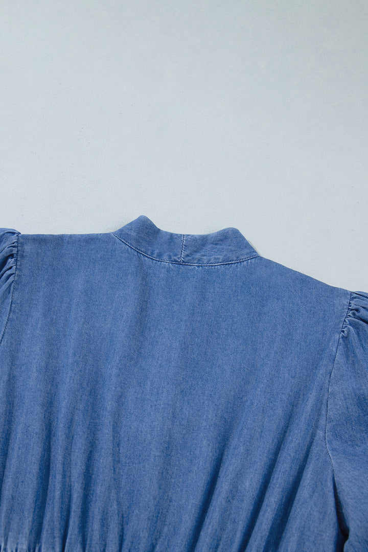 Blue V Neck Shirred Waist Metal Zipper Denim Midi Dress
