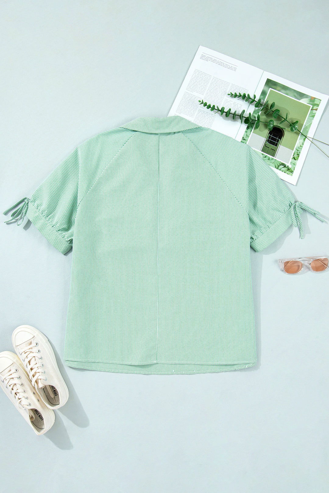 Mint Green Plus Size Striped Print Short Sleeve Blouse