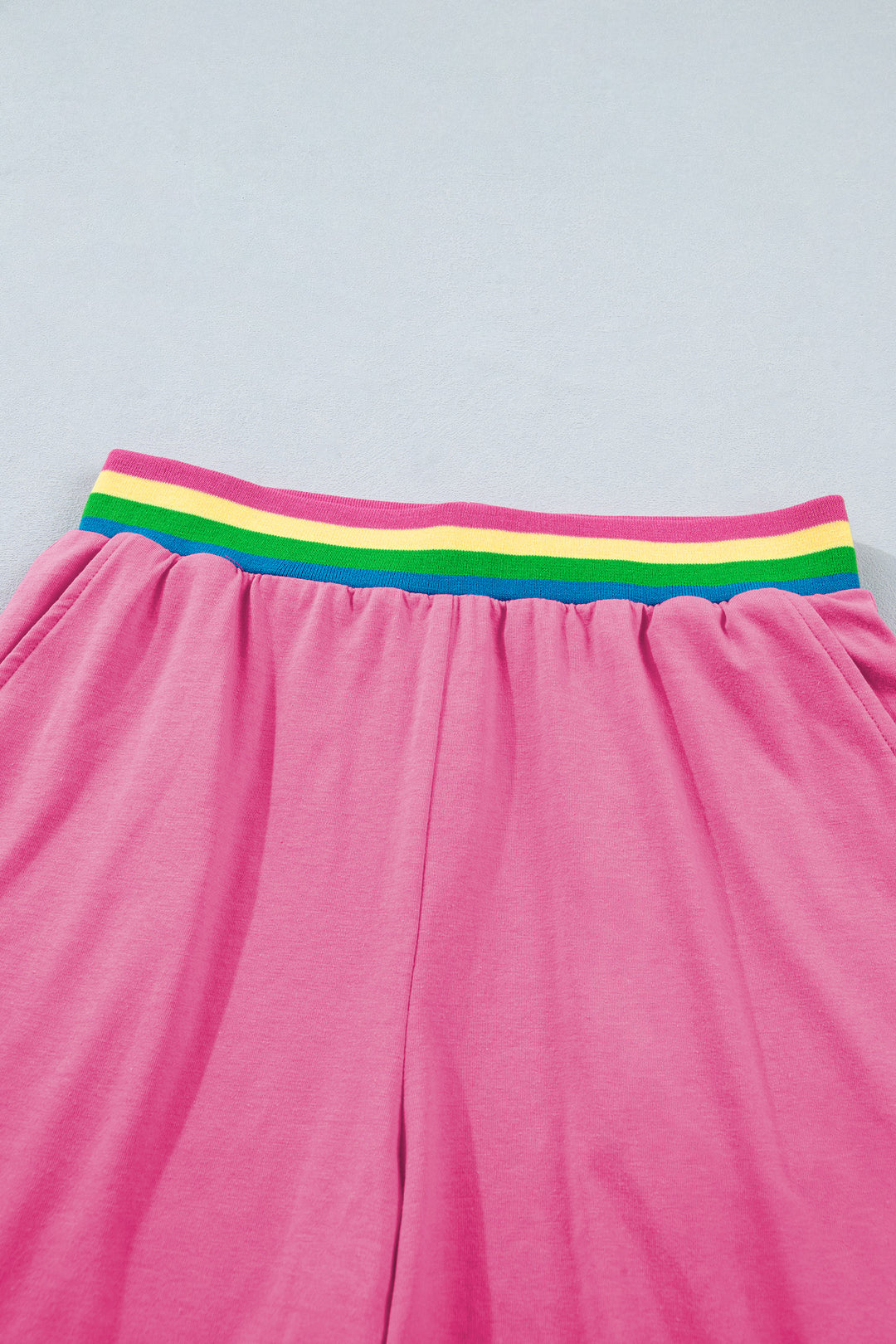 Bright Pink Seam Detail Raw Edge Tee Rainbow Waistband Casual Short Set