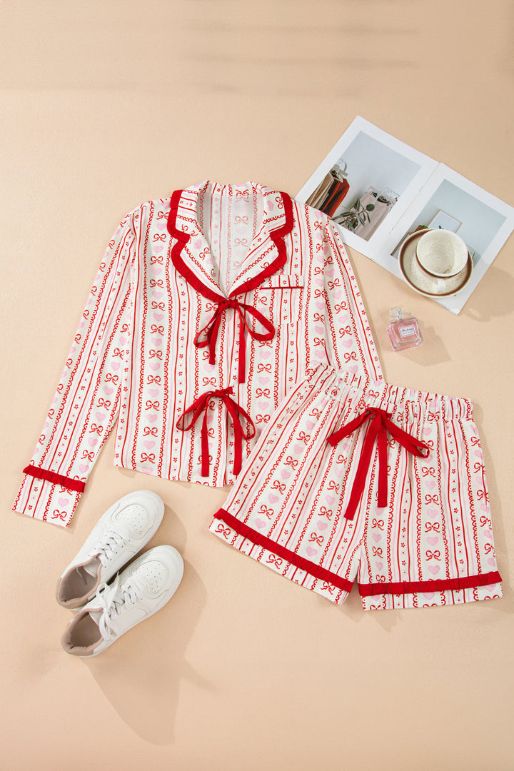 Red Sweet Floral Heart Bow Print Contrast Trim Long Sleeve Shirt Pajama Short Set