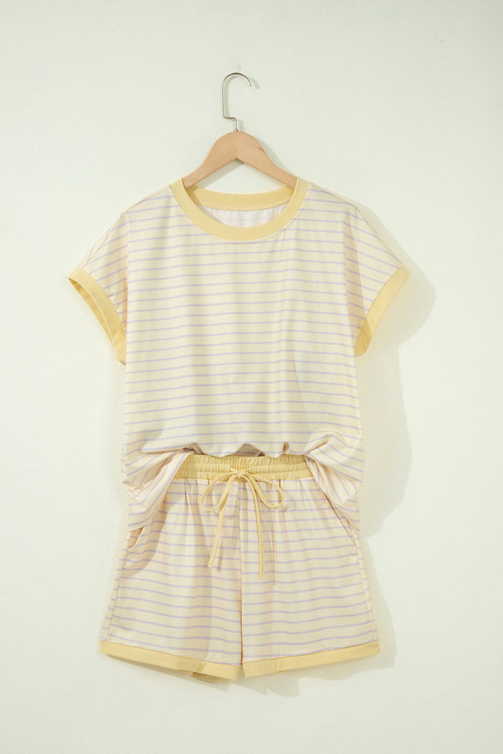 Yellow Stripe Relaxed Tee Drawstring Shorts 2pcs Outfit