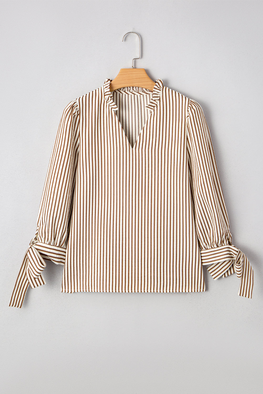 Striped Print Tied Cuffs Split Neck Seersucker Blouse