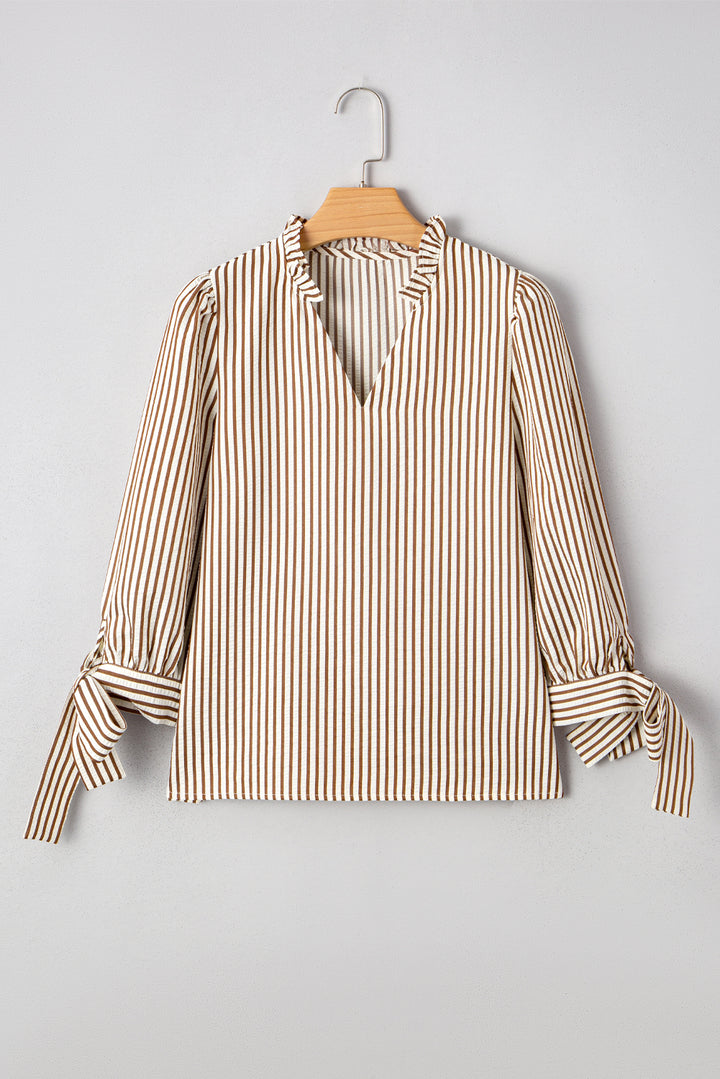 Striped Print Tied Cuffs Split Neck Seersucker Blouse