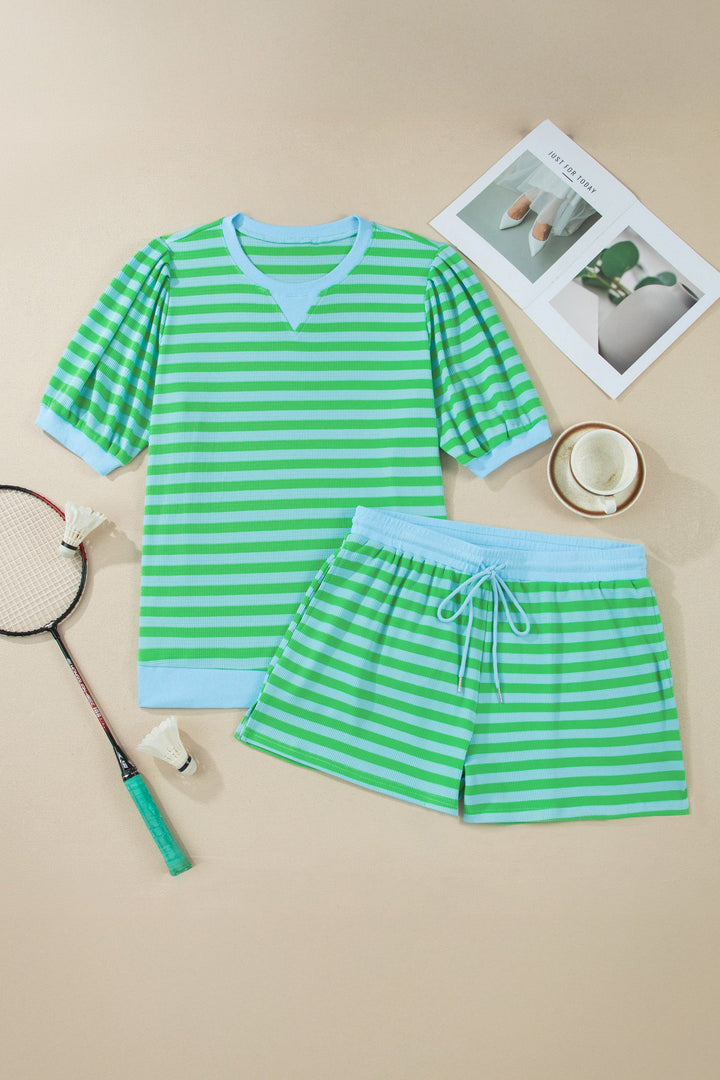 Green Stripe Plus Size Colorblock Detail Puff Sleeve Top Drawstring Shorts 2pcs Outfit