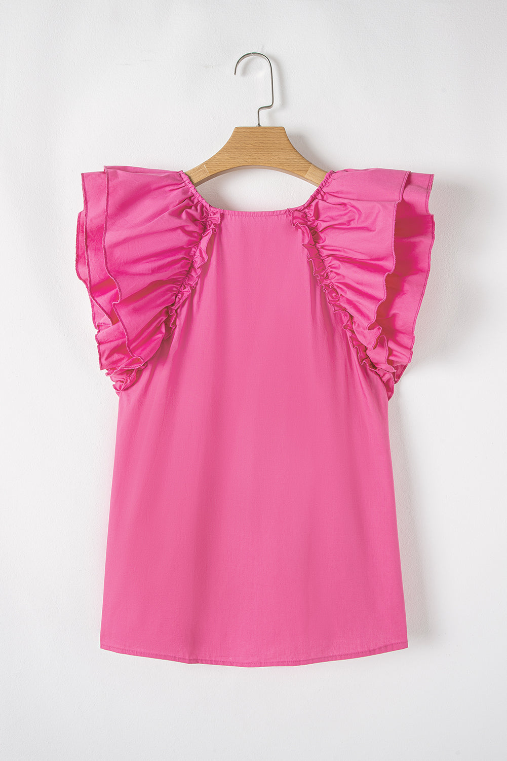 Shirred Yoke Lace up V Neck Ruffled Sleeve Blouse