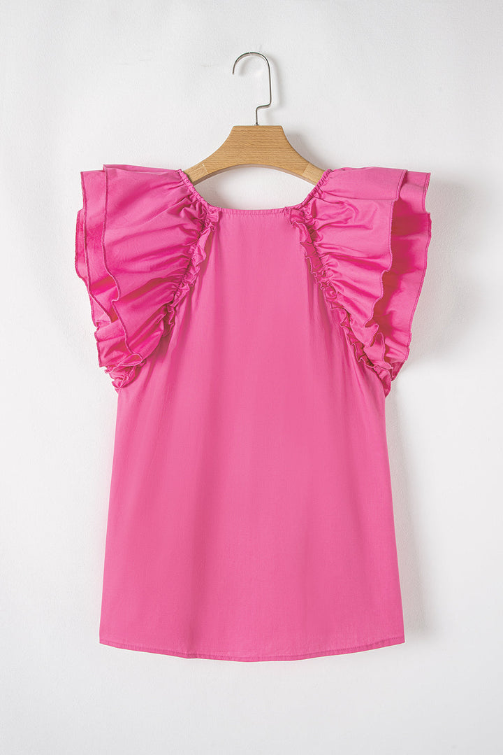 Shirred Yoke Lace up V Neck Ruffled Sleeve Blouse