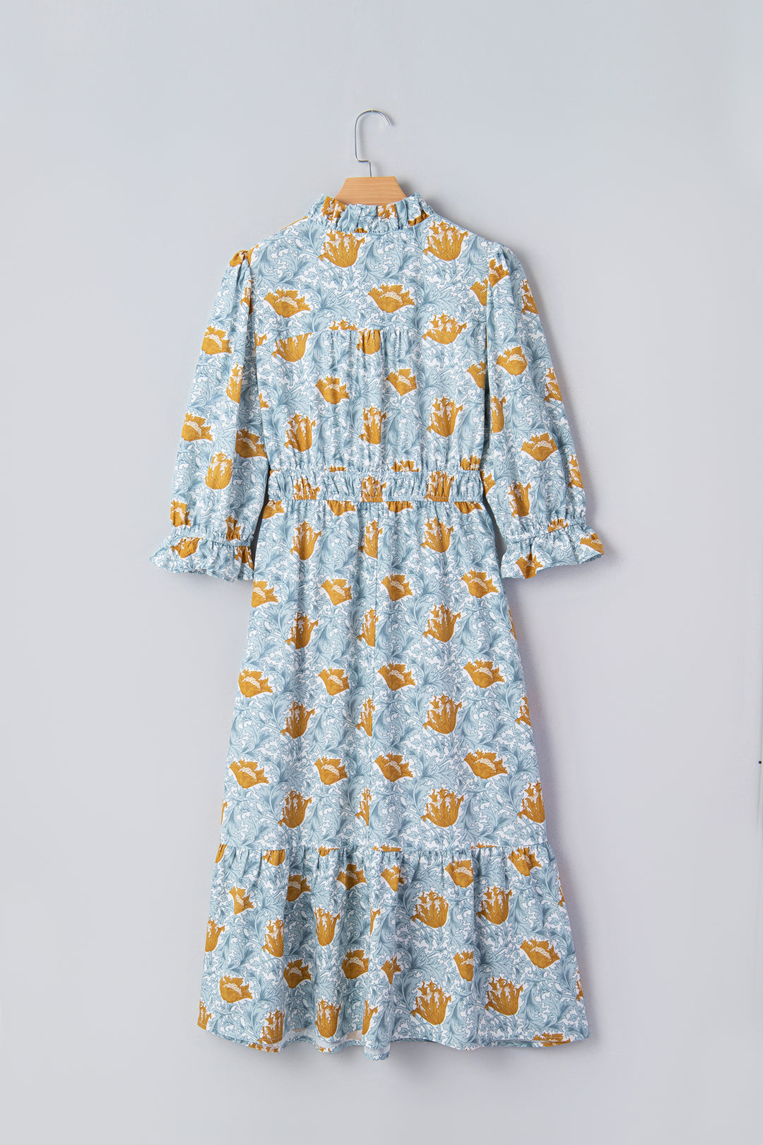Floral Printed Frilled V Neck Bracelet Sleeve Long Dress