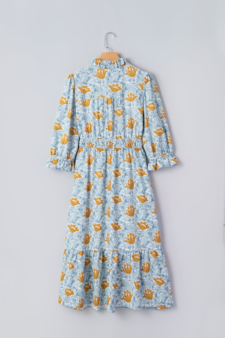 Floral Printed Frilled V Neck Bracelet Sleeve Long Dress