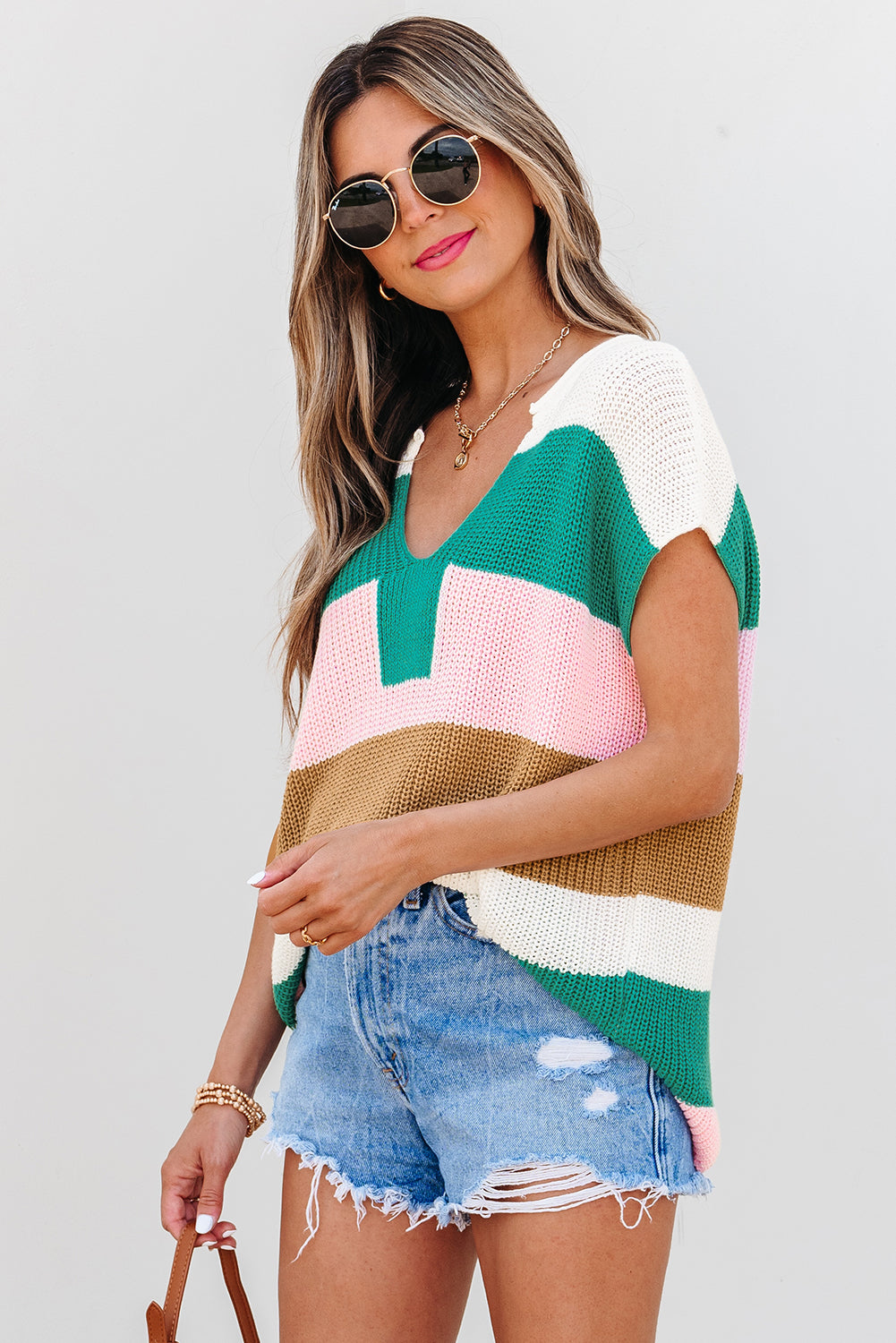Color Block Notch V Neck Sweater T Shirt