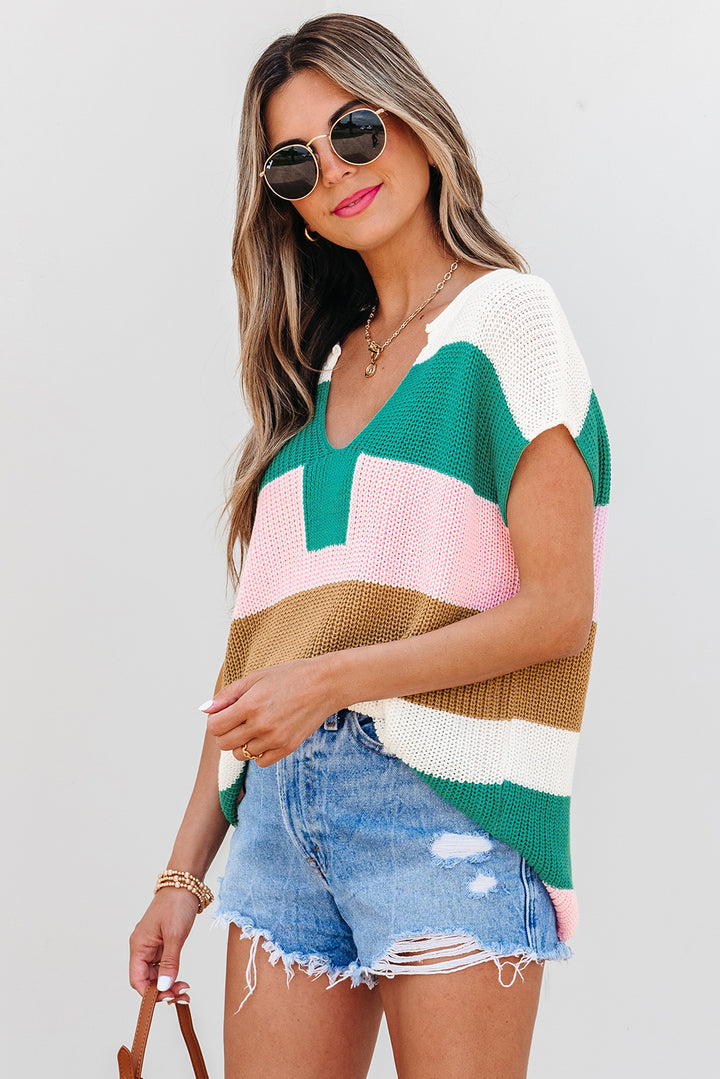 Color Block Notch V Neck Sweater T Shirt