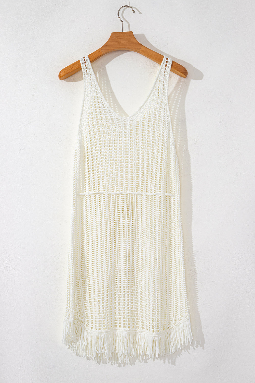 crochet fishnet fringed edge v neck beach cover up