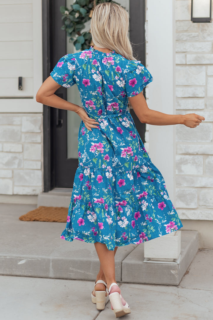 Floral Flutter Sleeve Button Tie Split Neck Belted Long Dress