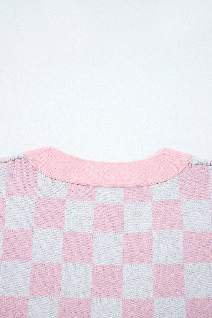 Checkered Christmas Tree Pattern Button V Neck Cardigan Sweater