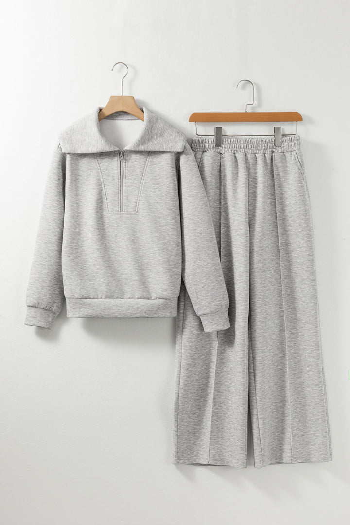 Light Grey Solid Zip Sailor Collar Pullover Athleisure Sweatpants 2pcs Set