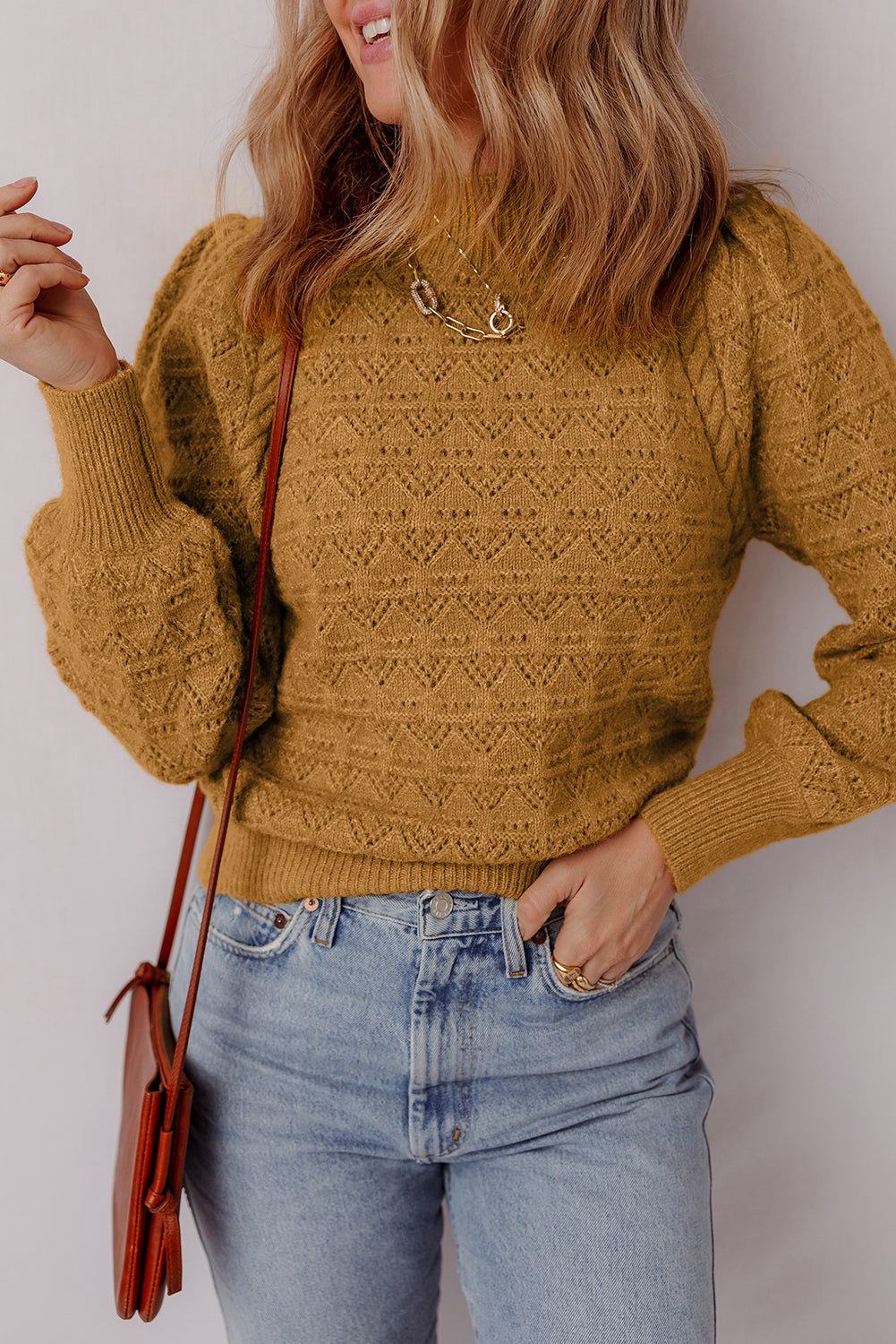 Hollow Out Crochet Ribbed Edge Balloon Sleeve Sweater