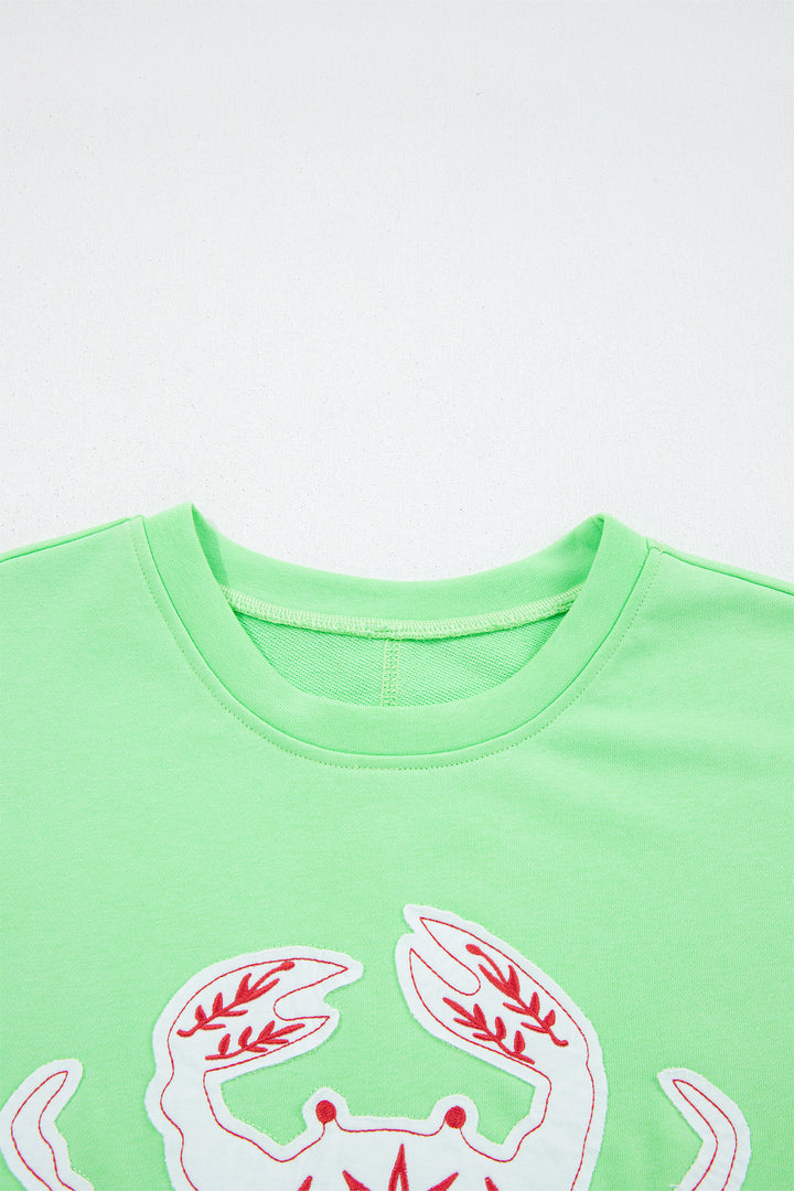 Bright Green Crab Embroidered Patch Loose Round Neck Tee