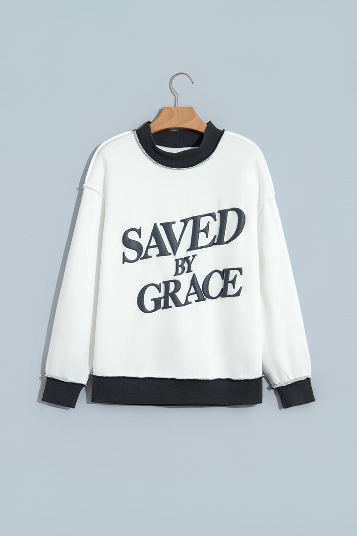 Beige Saved By Grace Print Color Block Mock Neck Oversized Sweatshirt