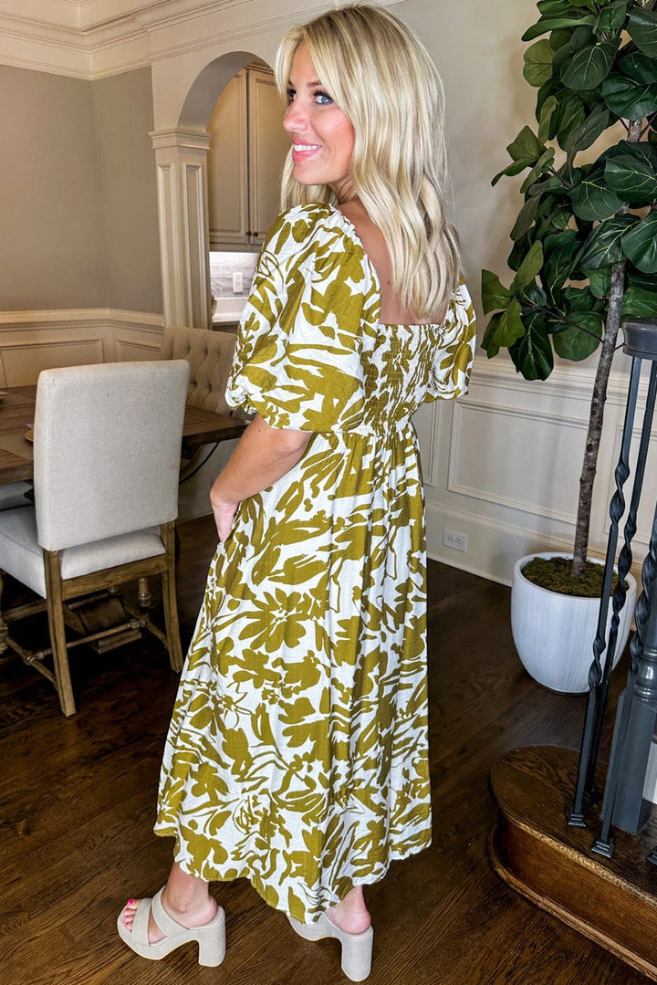 Scalloped Trim Square Neck High Waist Floral Maxi Dress