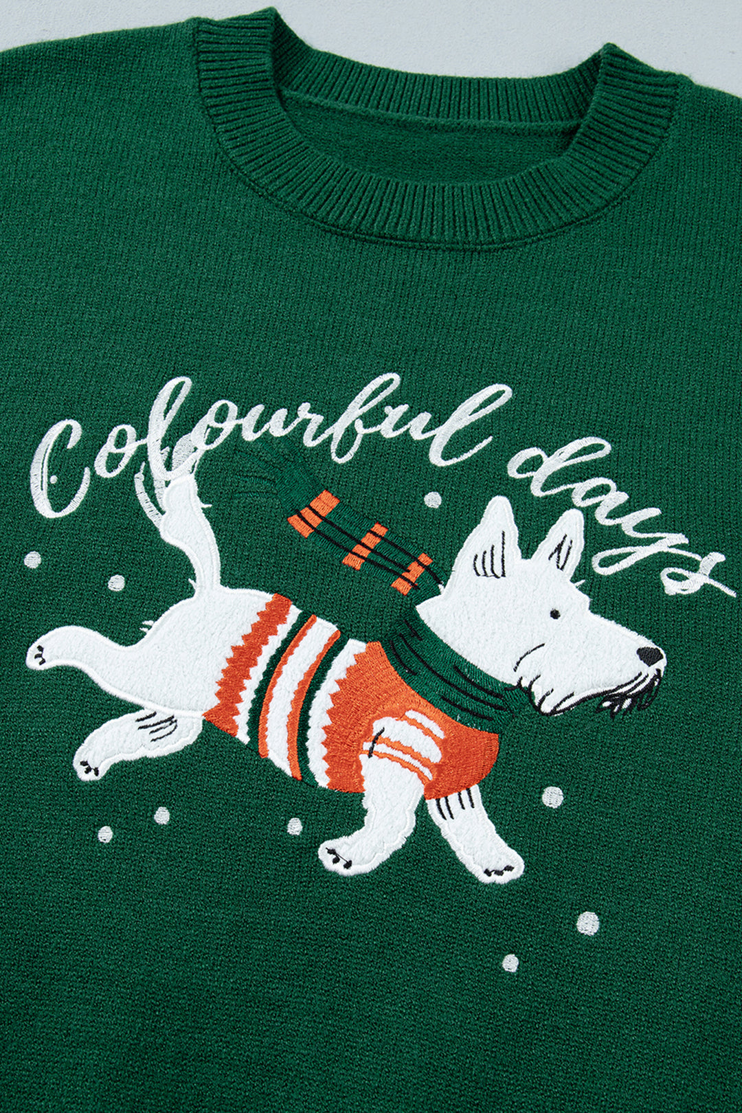 Blackish Green Abstract Dog Embroidery Christmas Fashion Round Neck Sweater