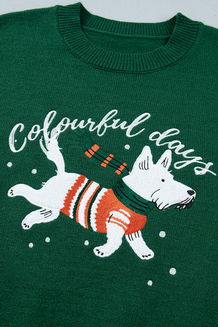 Blackish Green Abstract Dog Embroidery Christmas Fashion Round Neck Sweater