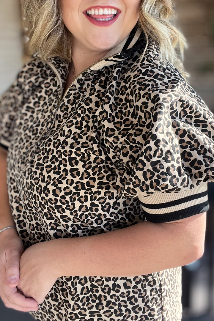 Brown Plus Size Leopard Print Striped Webbing Patchwork Half Zip Blouse