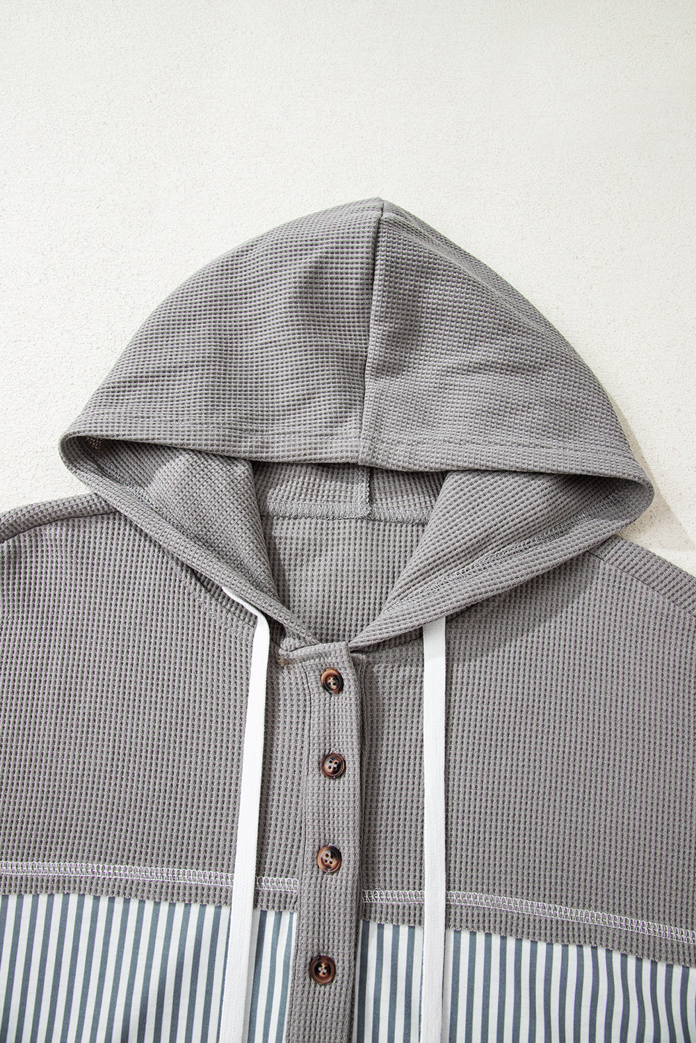 Waffle Printed Patchwork Drawstring Hooded Long Sleeve Top