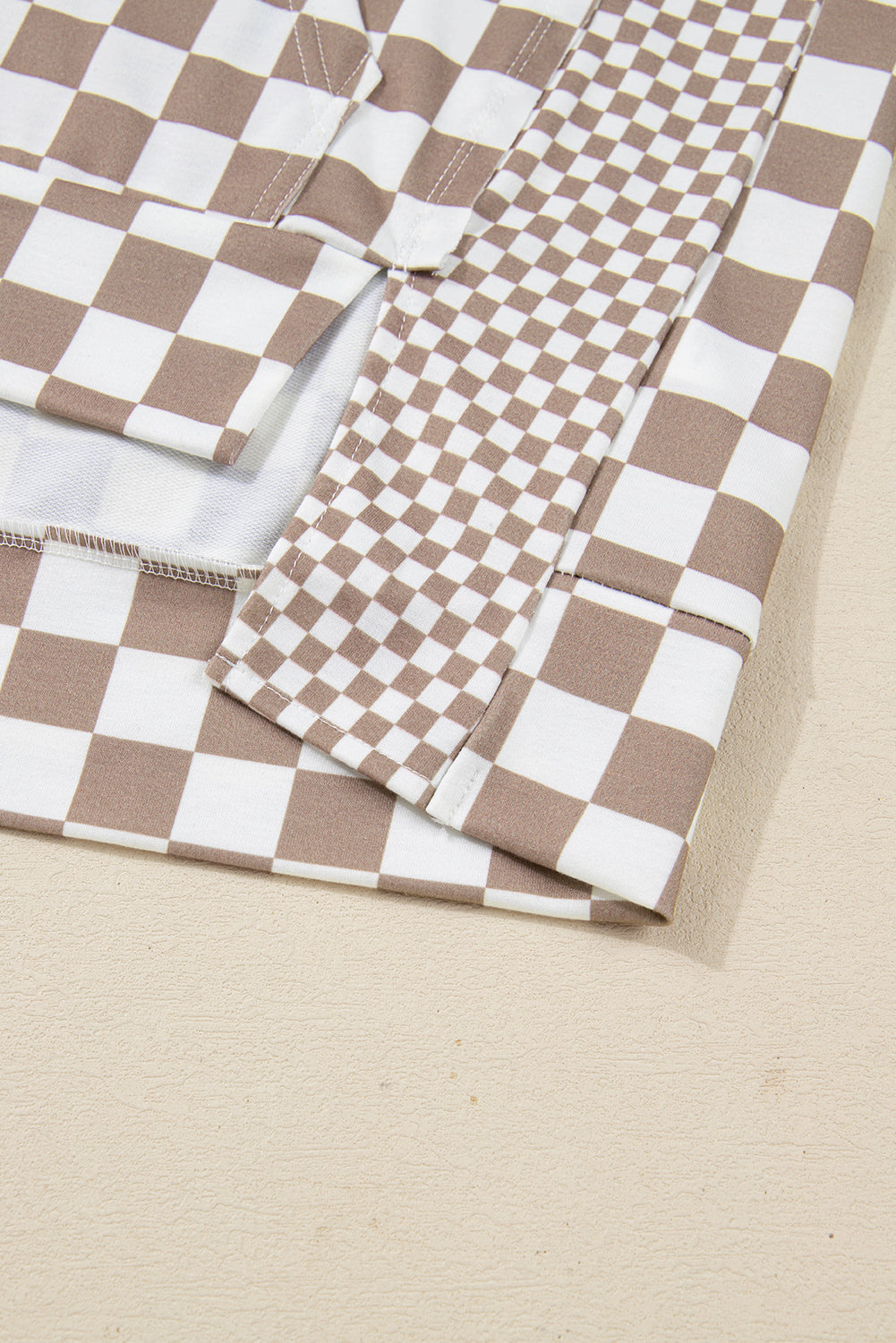 Khaki Double Checkered Patchwork Tie Neck Oversize Hoodie